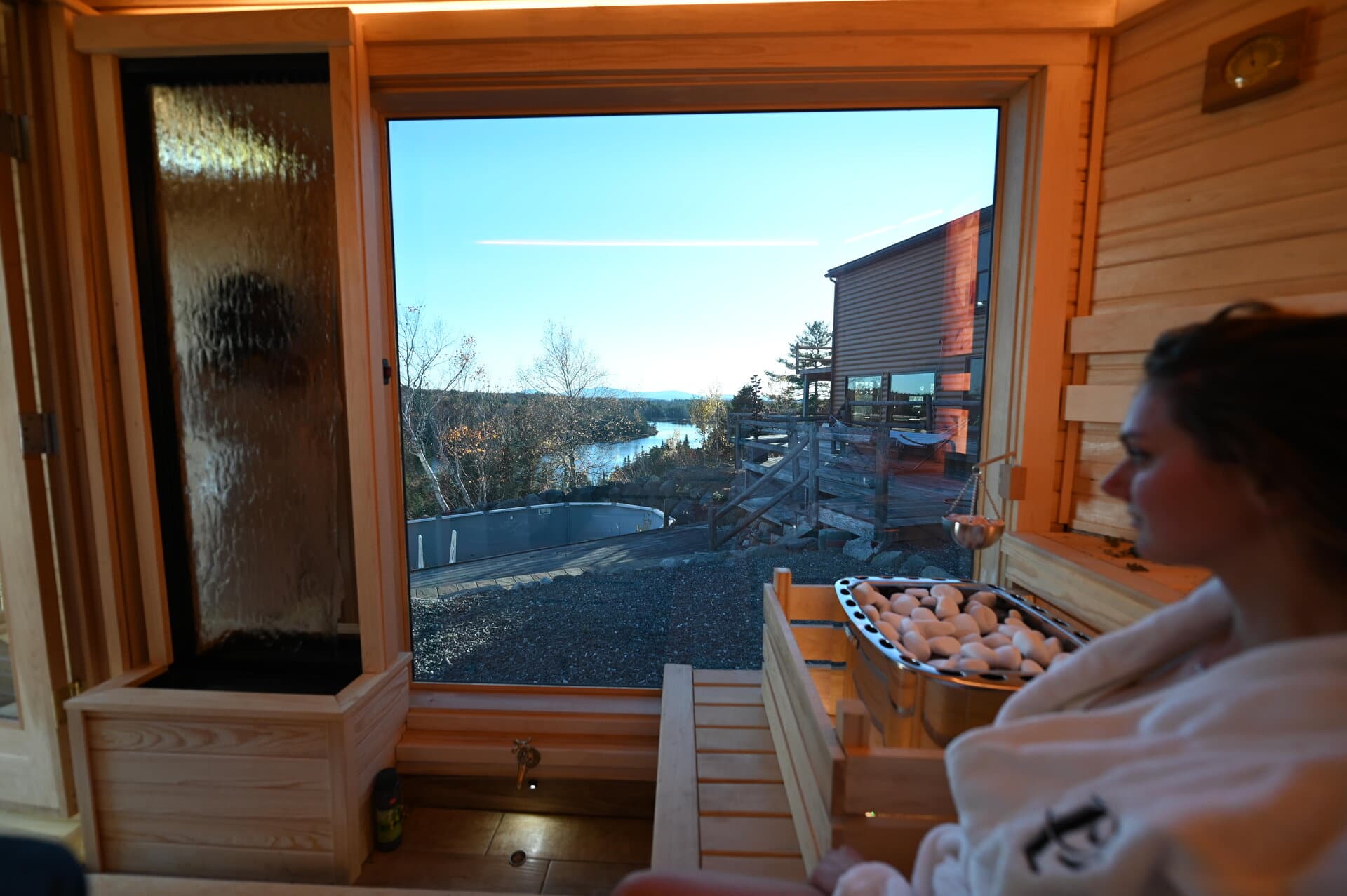 Acadia Bay Sauna exterior at sunset