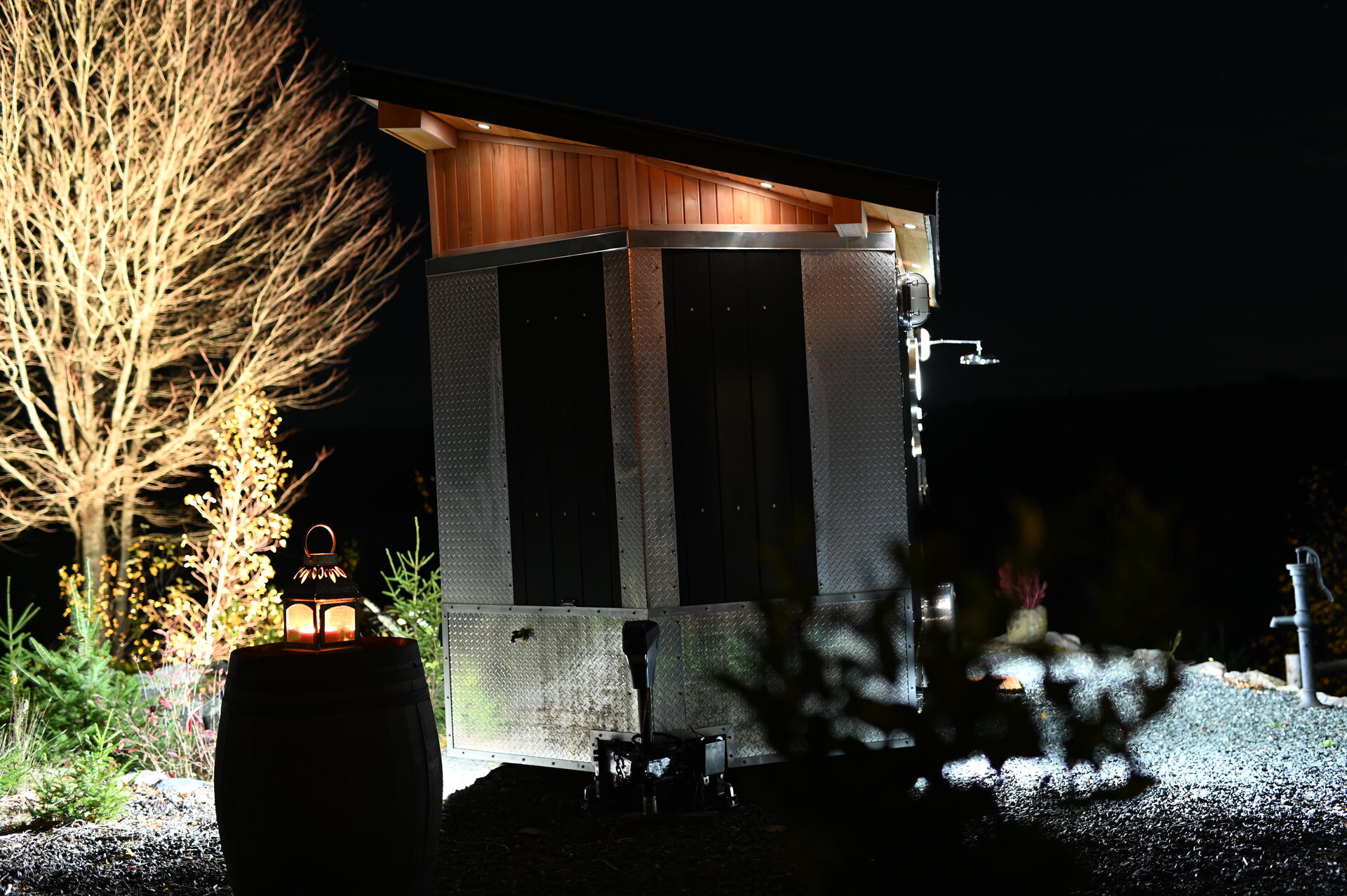 Sauna exterior warm lighting