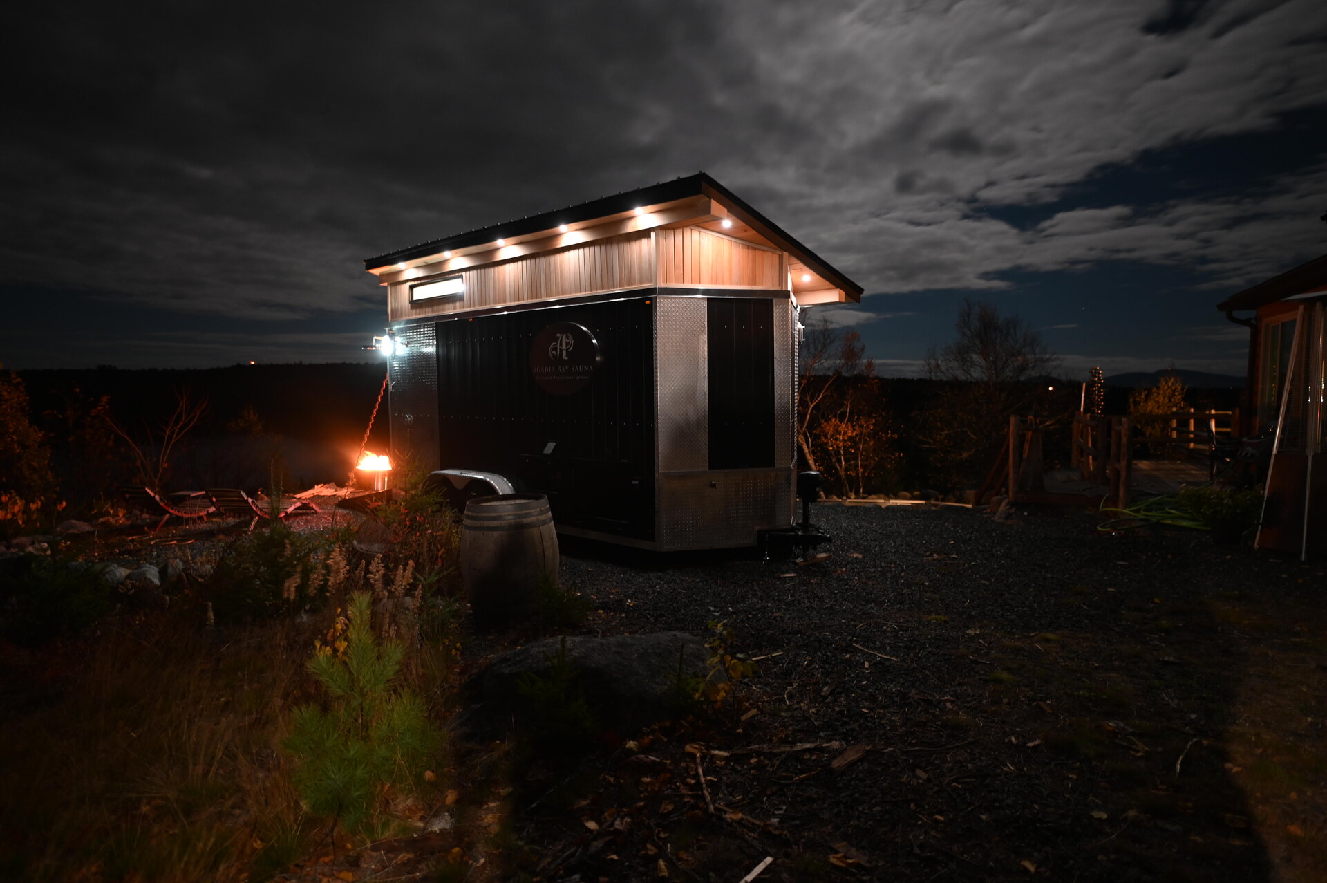 Sauna exterior night lighting