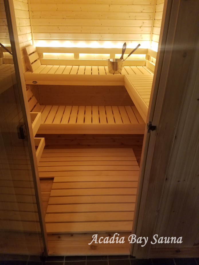 Custom sauna interior with tiered benches