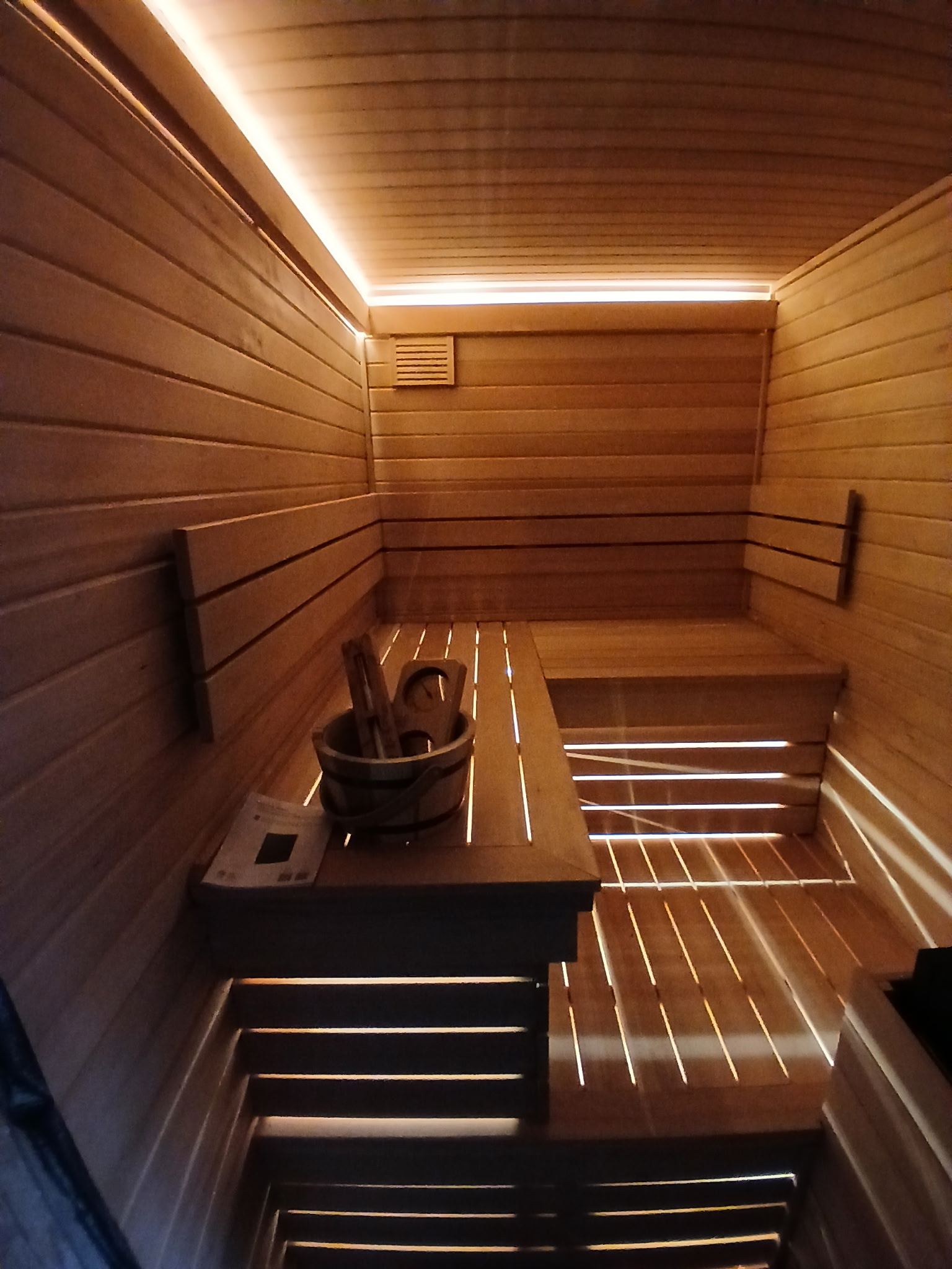 Sauna interior with ambient lighting