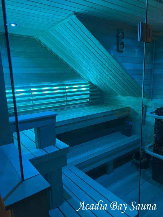 Sauna interior with blue chromotherapy lighting
